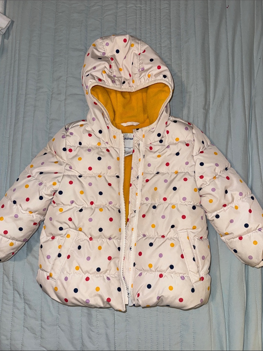 Bright Polka Dot Puffer Coat with Yellow Lining